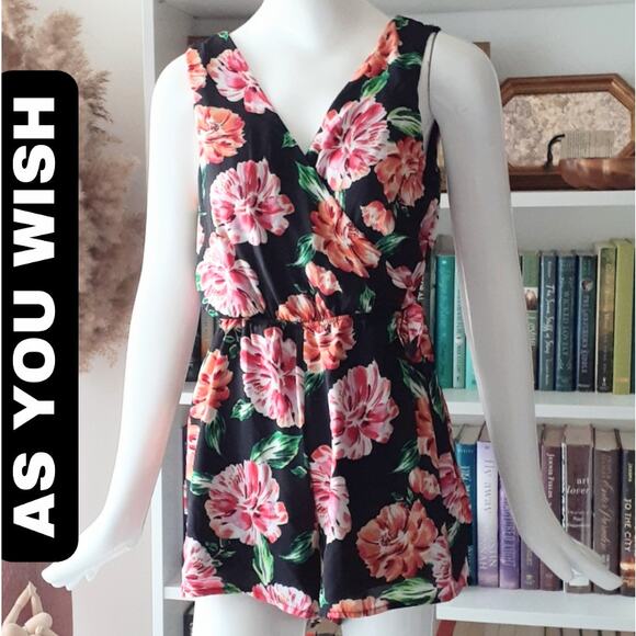 AS U WISH Romper Large Black Orange Pink Floral Tropical Ruffled V-Neck Flirty - Picture 1 of 10